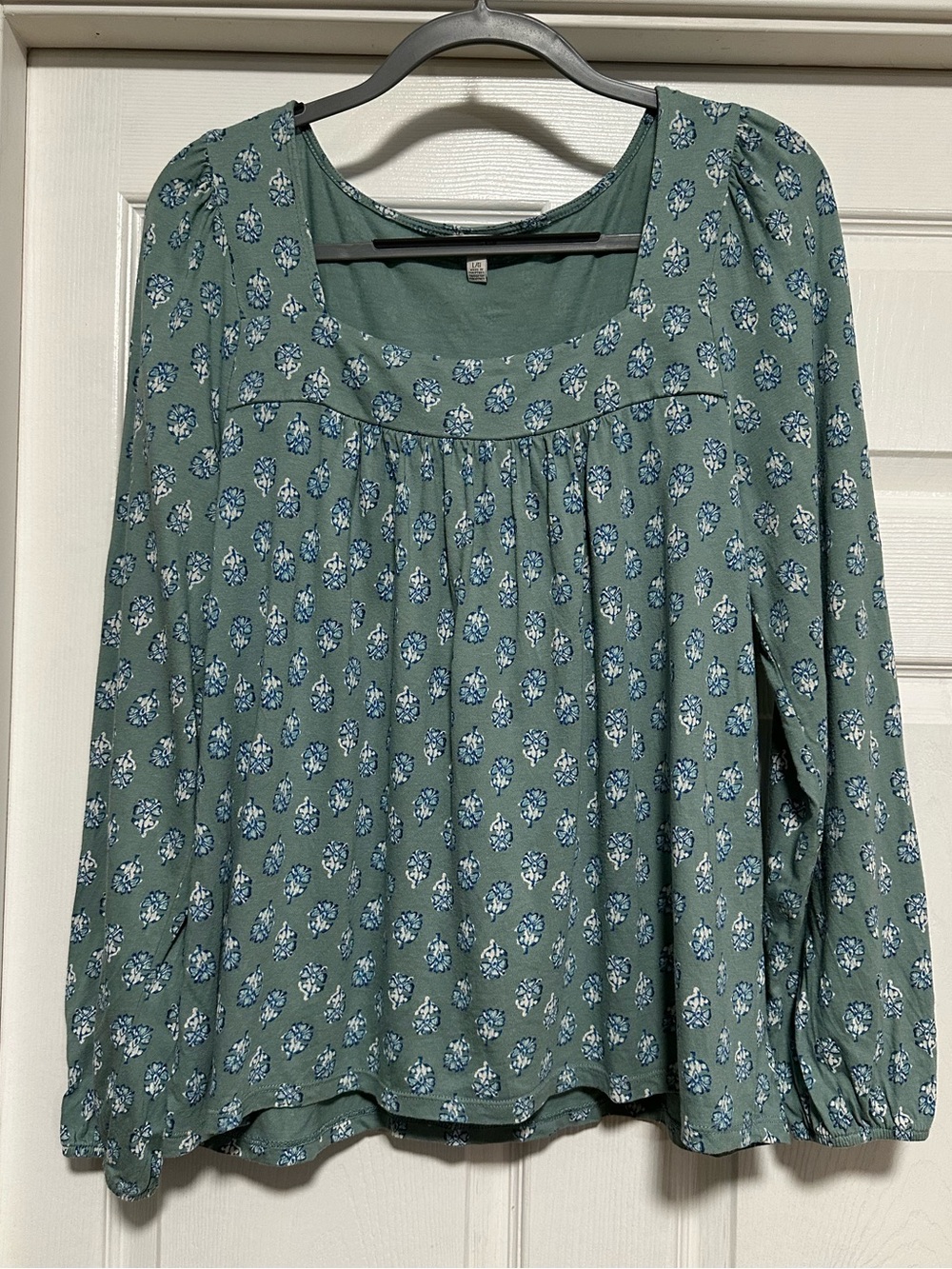 Lucky Brand Green Blue Floral Peasant Babydoll Top Long Sleeve L